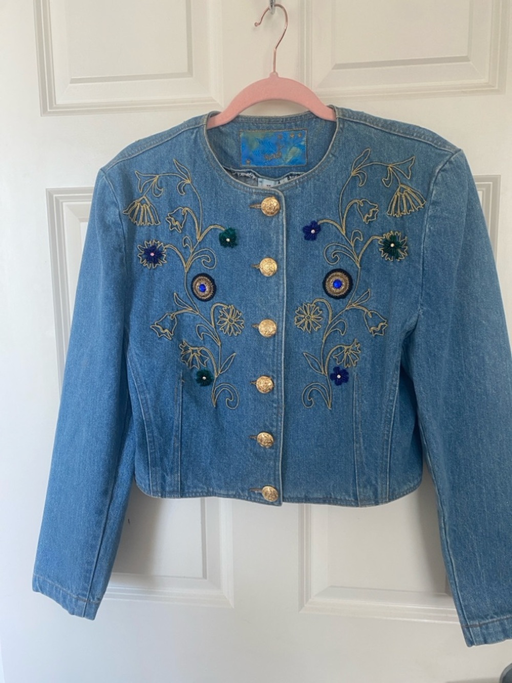 Vintage 80’s Mondi Embroidered  beaded Cropped Denim Jacket with Gold Buttons